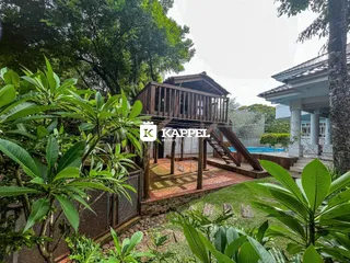 Foto de uma área externa com piscina e vegetação exuberante em uma propriedade.
