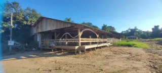Fachada de uma construção de madeira em área de terra.