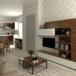 Sala de estar com painel de madeira e estante.