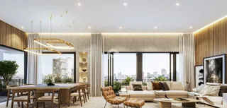 Sala de estar moderna com vista para a cidade.