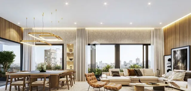 Sala de estar moderna com vista para a cidade.