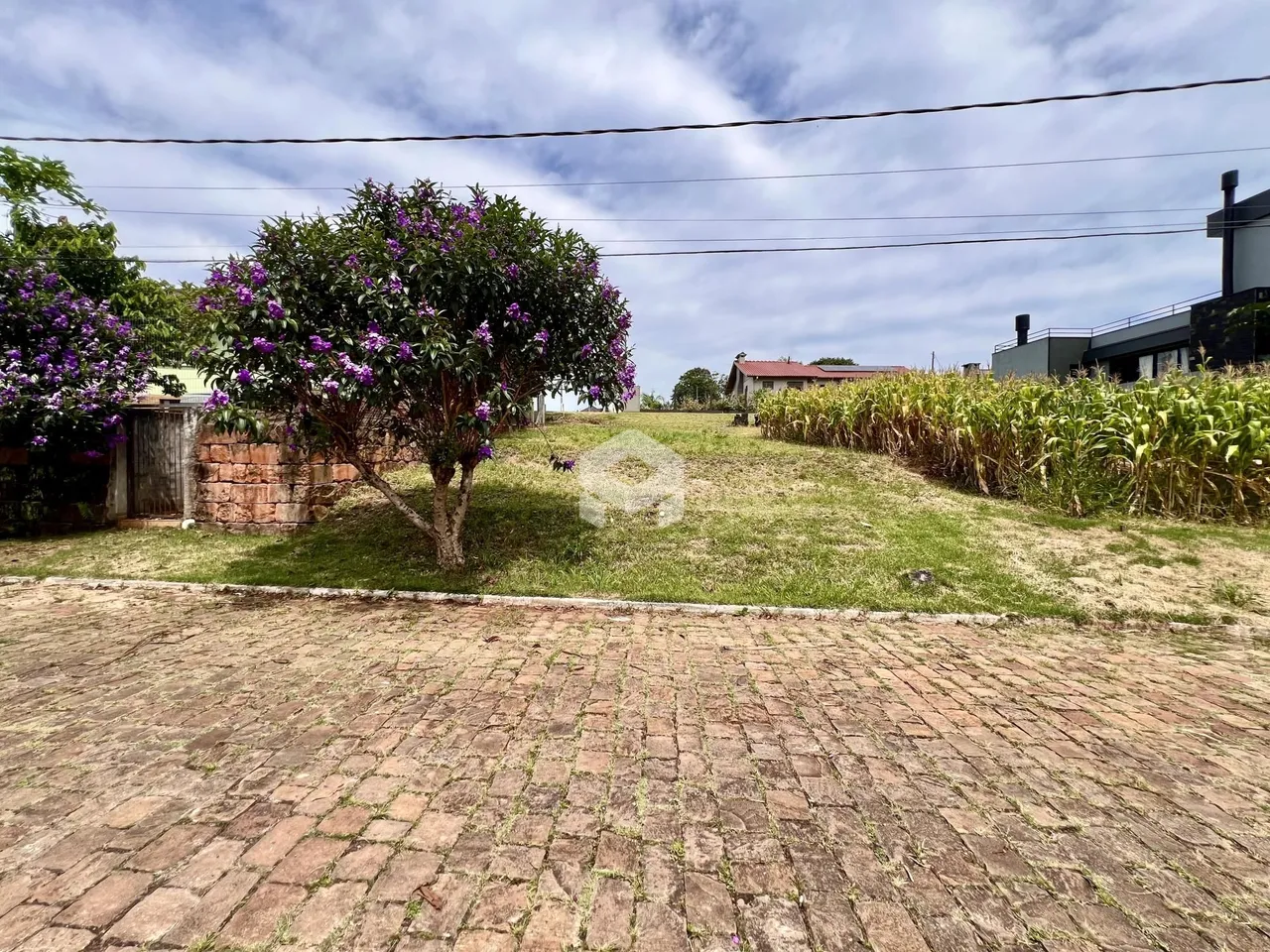 Vista externa do terreno com grama e vegetação ao fundo.