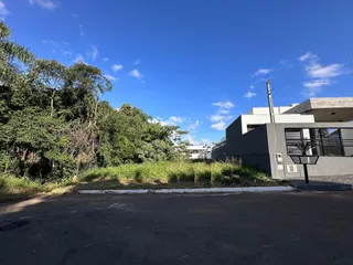 Vista externa da propriedade mostrando área de paisagismo e pavimento.