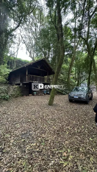 Foto da fachada de uma cabana de madeira em uma área arborizada.