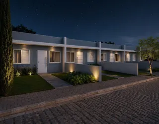 Fachada moderna de uma casa em Lajeado iluminada à noite.