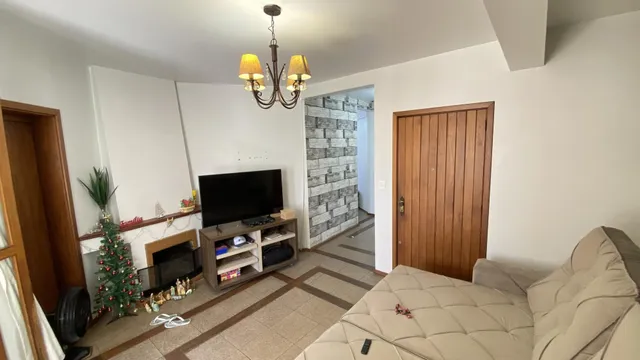 Sala de estar com lareira e televisão em ambiente interno.