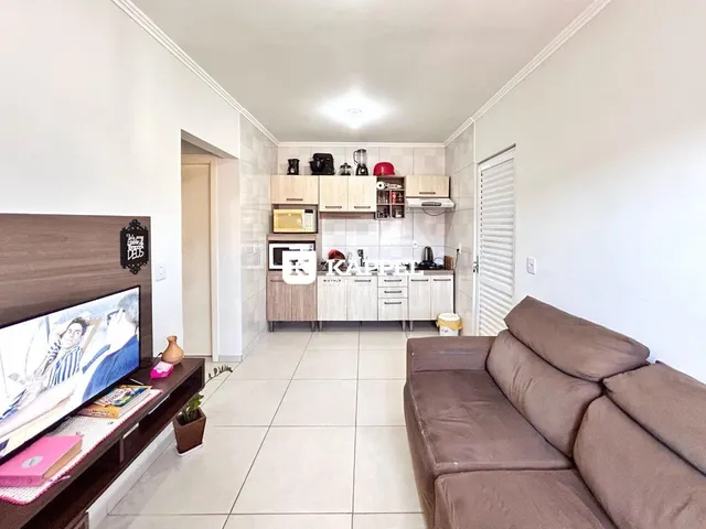 Sala de estar com cozinha integrada e sofá de cor marrom.