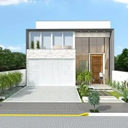 Fachada frontal de uma casa moderna com garagem em Lajeado, Brasil.