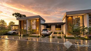 Fachada moderna de uma residência em Lajeado, Brasil, ao pôr do sol.