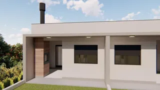 Fachada externa de uma residência moderna com paredes brancas e telhado plano.