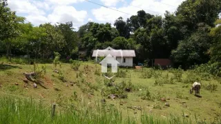 Vista de uma propriedade rural com vegetação e uma casa ao fundo.
