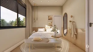Quarto com decoração moderna e grande janela.