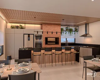 Cozinha moderna com ilha e vista para a paisagem urbana.