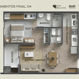 Planta baixa de um apartamento mostrando a disposição da suíte, sala de estar/jantar, cozinha e banheiro.