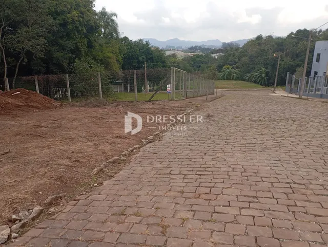 Vista da entrada de uma propriedade com cerca e caminho de paralelepípedos.