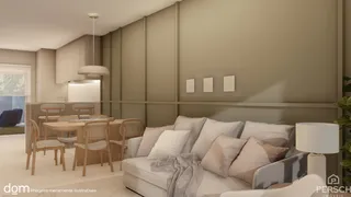 Sala de estar com sofá branco e mesa de jantar de madeira em um ambiente moderno.