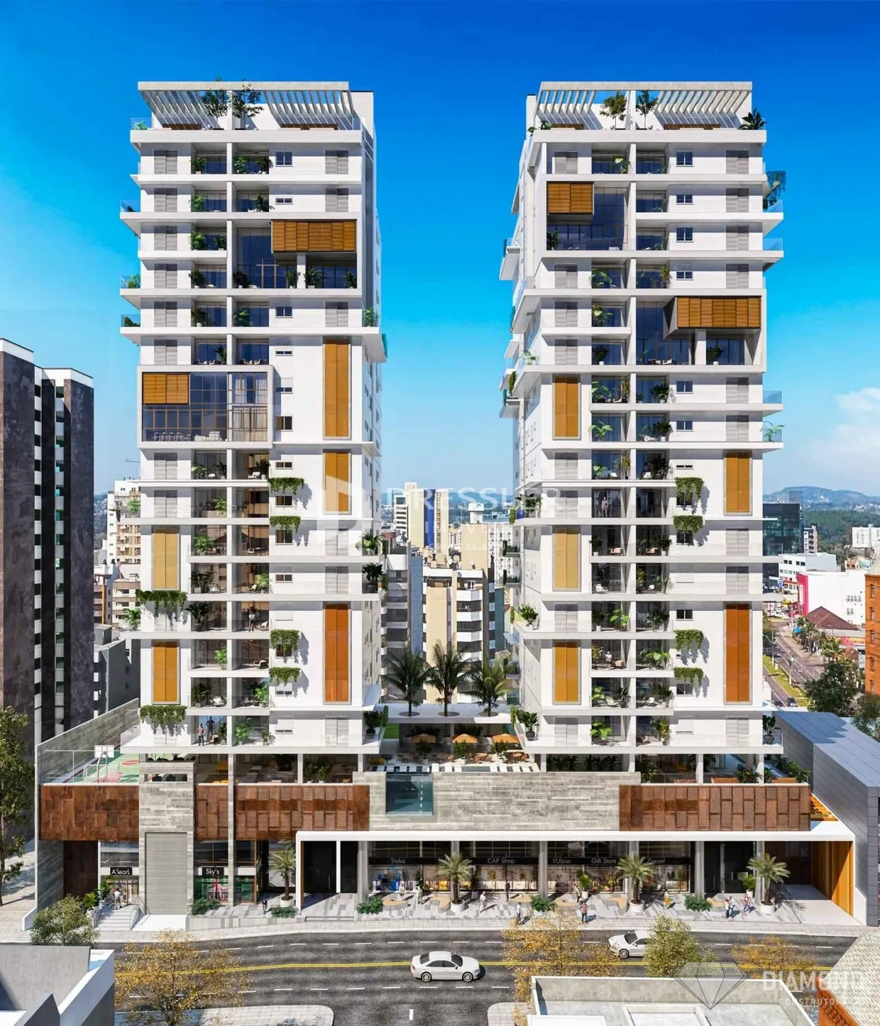 Fachada de dois edifícios residenciais modernos em Lajeado.