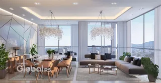 Sala de estar moderna com grandes janelas e vista panorâmica.