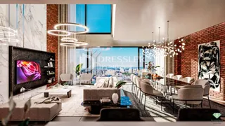 Sala de estar moderna com grandes janelas e decoração minimalista.