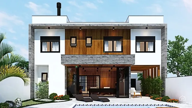 Fachada moderna de uma residência em Lajeado com piscina e área externa.