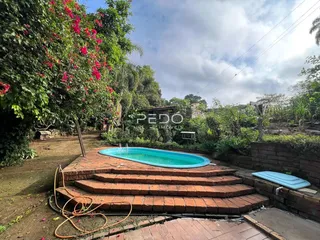 Vista externa de uma piscina cercada por vegetação e degraus de tijolo.