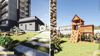 Vista externa de uma casa moderna com jardim e estrutura de playground.