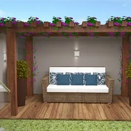 Quarto com cama de madeira e cabeceira decorativa.