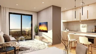 Sala de estar moderna com vista panorâmica para a paisagem.