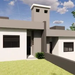Fachada externa de uma residência em Lajeado, Brasil, com paredes brancas e gramado na frente.