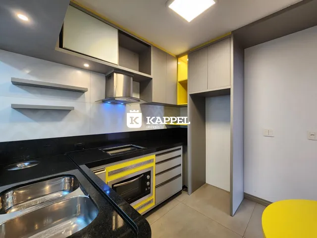 Cozinha moderna com armários cinza e bancadas escuras.