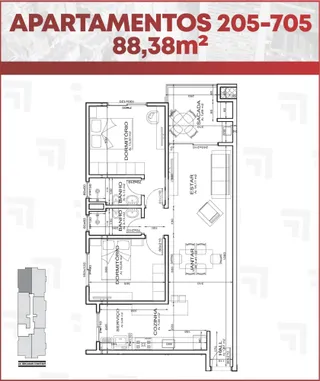 Planta baixa de um apartamento de 88,38m² em Lajeado, Brasil.