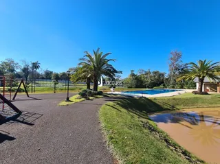 Vista externa do imóvel com gramado e palmeiras sob céu azul.