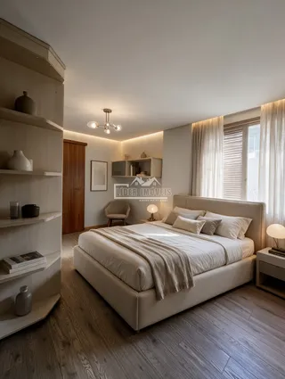 Quarto com cama e estantes de madeira no interior da residência.