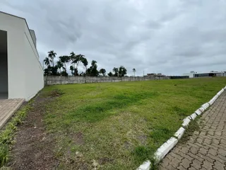 Vista externa do terreno com gramado e muro de contenção.