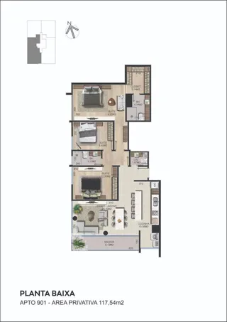 Planta baixa do apartamento 901 com área privativa de 117,54m2.