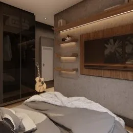 Quarto com cama e painéis de madeira escura.
