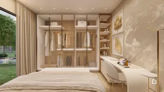 Quarto com guarda-roupas embutidos e vista para o exterior.