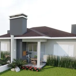 Fachada de uma residência com telhado de telhas vermelhas e jardim na frente.