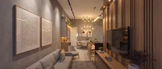 Sala de estar moderna com decoração de parede e televisão.