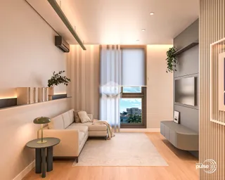 Sala de estar moderna com piso de madeira e grandes janelas.