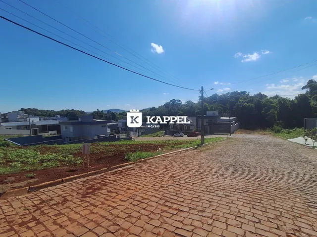 Vista externa de uma propriedade com paisagem arborizada e uma estrada de tijolos.