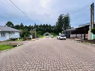 Vista da rua pavimentada com casas e vegetação em Lajeado, Brasil.