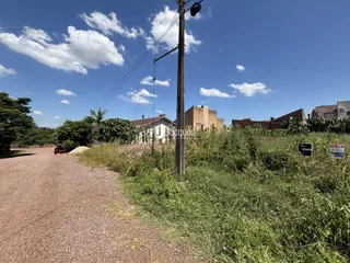 Vista externa de uma propriedade com vegetação densa ao longo de uma estrada.