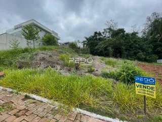 Vista externa de uma propriedade com vegetação densa e área gramada na frente.