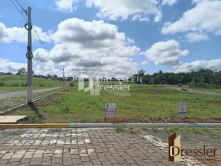 Vista externa de um lote com pavimento e vegetação ao lado de uma rua.