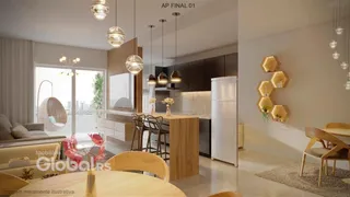 Ambiente moderno de sala de estar com cozinha integrada e vista para o exterior.