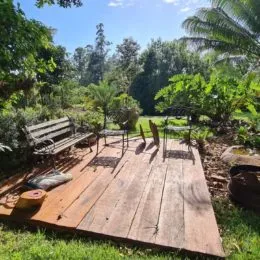 Deck de madeira ao ar livre com vegetação exuberante no quintal.