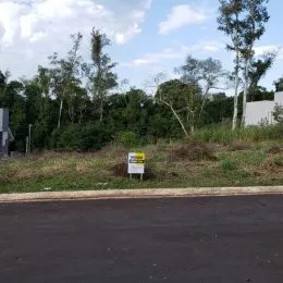 Vista externa de uma área gramada com árvores ao fundo.