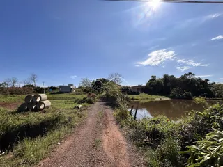 Vista de um caminho de terra que leva a um corpo d'água em uma área rural.