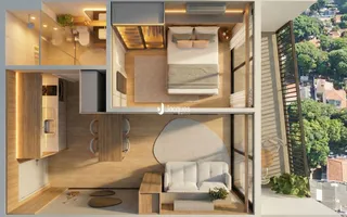 Quarto moderno com cama e guarda-roupa em madeira clara.